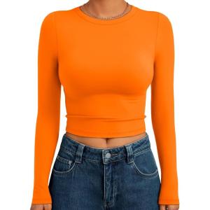imageTrendy Queen Womens Long Sleeve Crop Tops Basic Slim Fitted Shirts Fashion 2025 Going Out Y2k Tops Teen Girl ClothesOrange