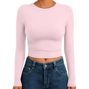 imageTrendy Queen Womens Long Sleeve Crop Tops Basic Slim Fitted Shirts Fashion 2025 Going Out Y2k Tops Teen Girl ClothesPink