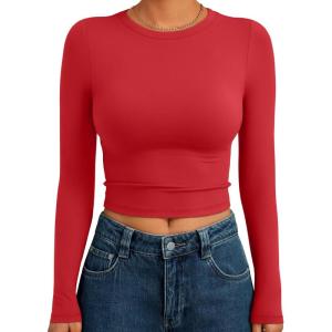 imageTrendy Queen Womens Long Sleeve Crop Tops Basic Slim Fitted Shirts Fashion 2025 Going Out Y2k Tops Teen Girl ClothesRed