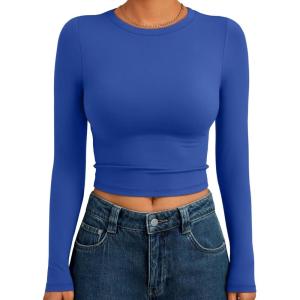 imageTrendy Queen Womens Long Sleeve Crop Tops Basic Slim Fitted Shirts Fashion 2025 Going Out Y2k Tops Teen Girl ClothesRoyal Blue