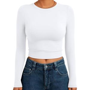 imageTrendy Queen Womens Long Sleeve Crop Tops Basic Slim Fitted Shirts Fashion 2025 Going Out Y2k Tops Teen Girl ClothesWhite