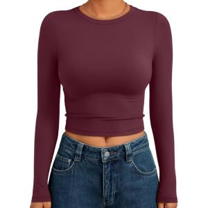 imageTrendy Queen Womens Long Sleeve Crop Tops Basic Slim Fitted Shirts Fashion 2025 Going Out Y2k Tops Teen Girl ClothesWine Red
