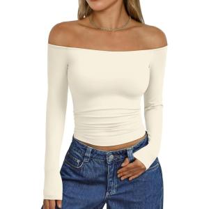 imageTrendy Queen Womens Long Sleeve Off The Shoulder Tops Going Out Cute Basic Y2K Fall Fashion 2025 Outfits ClothesApricot