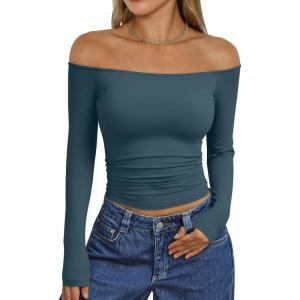imageTrendy Queen Womens Long Sleeve Off The Shoulder Tops Going Out Cute Basic Y2K Fall Fashion 2025 Outfits ClothesBlue