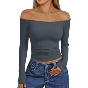 imageTrendy Queen Womens Long Sleeve Off The Shoulder Tops Going Out Cute Basic Y2K Fall Fashion 2025 Outfits ClothesGrey