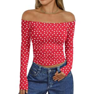 imageTrendy Queen Womens Long Sleeve Off The Shoulder Tops Going Out Cute Basic Y2K Fall Fashion 2025 Outfits ClothesRed Heart