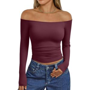 imageTrendy Queen Womens Long Sleeve Off The Shoulder Tops Going Out Cute Basic Y2K Fall Fashion 2025 Outfits ClothesWine