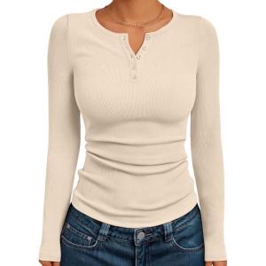imageTrendy Queen Womens Long Sleeve Shirts 2025 Henley Casual Fall Outfits Fitted Tops Ribbed Fashion Basic TeesApricot