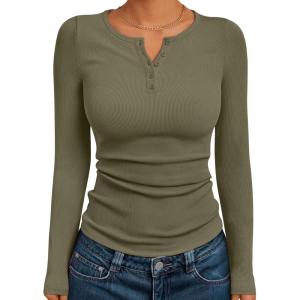 imageTrendy Queen Womens Long Sleeve Shirts 2025 Henley Casual Fall Outfits Fitted Tops Ribbed Fashion Basic TeesArmygreen