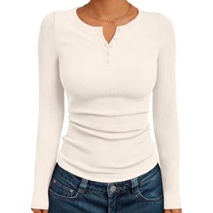 imageTrendy Queen Womens Long Sleeve Shirts 2025 Henley Casual Fall Outfits Fitted Tops Ribbed Fashion Basic TeesBeige