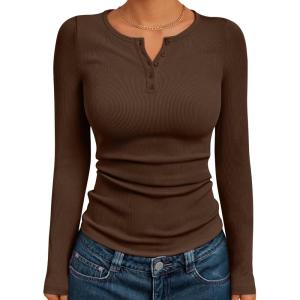 imageTrendy Queen Womens Long Sleeve Shirts 2025 Henley Casual Fall Outfits Fitted Tops Ribbed Fashion Basic TeesCoffee