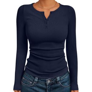 imageTrendy Queen Womens Long Sleeve Shirts 2025 Henley Casual Fall Outfits Fitted Tops Ribbed Fashion Basic TeesNavyblue