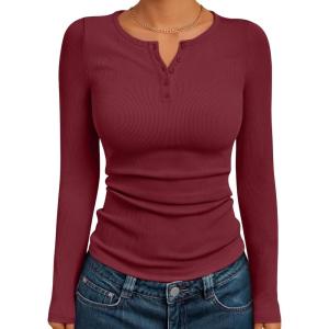 imageTrendy Queen Womens Long Sleeve Shirts 2025 Henley Casual Fall Outfits Fitted Tops Ribbed Fashion Basic TeesWinered