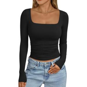 imageTrendy Queen Womens Long Sleeve Shirts Crop Tops Basic Square Neck Going Out Fall Fashion 2025 Fitted Clothes Workout OutfitsBlack