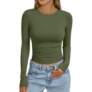 imageTrendy Queen Womens Long Sleeve Shirts Crop Tops Fall Fashion 2025 Going Out Basic Winter ClothesArmygreen
