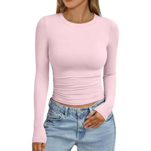 imageTrendy Queen Womens Long Sleeve Shirts Crop Tops Fall Fashion 2025 Going Out Basic Winter ClothesPink