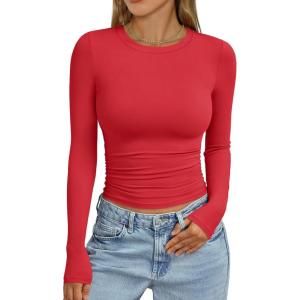 imageTrendy Queen Womens Long Sleeve Shirts Crop Tops Fall Fashion 2025 Going Out Basic Winter ClothesRed