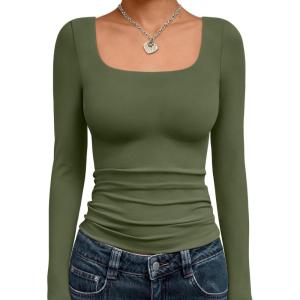 imageTrendy Queen Womens Long Sleeve Shirts Crop Tops Fall Fashion 2025 Square Neck Going Out Basics Tees Y2k ClothesArmy Green