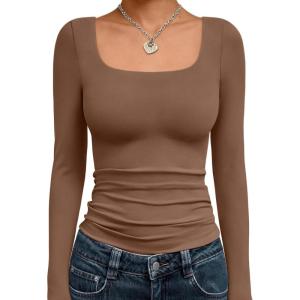 imageTrendy Queen Womens Long Sleeve Shirts Crop Tops Fall Fashion 2025 Square Neck Going Out Basics Tees Y2k ClothesBrown