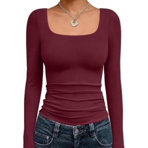 imageTrendy Queen Womens Long Sleeve Shirts Crop Tops Fall Fashion 2025 Square Neck Going Out Basics Tees Y2k ClothesBurgundy