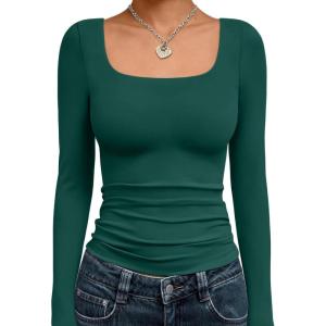 imageTrendy Queen Womens Long Sleeve Shirts Crop Tops Fall Fashion 2025 Square Neck Going Out Basics Tees Y2k ClothesDark Green