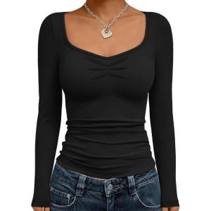 imageTrendy Queen Womens Long Sleeve Shirts Going Out Crop Tops Sweetheart Neck Workout TopsBlack