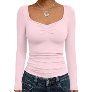 imageTrendy Queen Womens Long Sleeve Shirts Going Out Crop Tops Sweetheart Neck Workout TopsPink