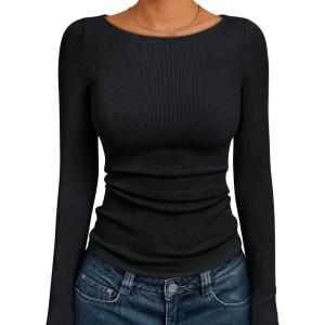 imageTrendy Queen Womens Long Sleeve Shirts Ribbed Underscrub Tops Boat Neck Basic Tees Fall Fashion Clothes 2025Black
