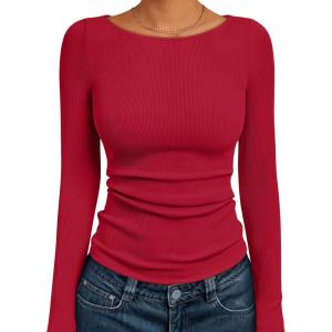 imageTrendy Queen Womens Long Sleeve Shirts Ribbed Underscrub Tops Boat Neck Basic Tees Fall Fashion Clothes 2025Red