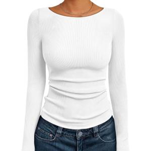 imageTrendy Queen Womens Long Sleeve Shirts Ribbed Underscrub Tops Boat Neck Basic Tees Fall Fashion Clothes 2025White