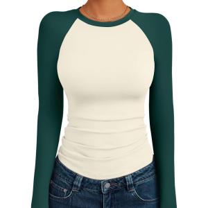 imageTrendy Queen Womens Long Sleeve Shirts Slim Fit Stretchy Color Block Slightly Cropped TopsBeige Emerald Combo