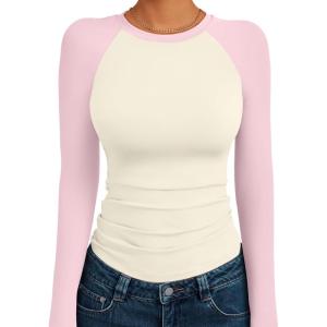 imageTrendy Queen Womens Long Sleeve Shirts Slim Fit Stretchy Color Block Slightly Cropped TopsBeige Pink Combo