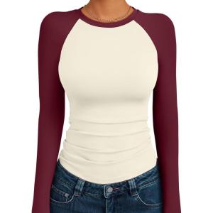 imageTrendy Queen Womens Long Sleeve Shirts Slim Fit Stretchy Color Block Slightly Cropped TopsBeige Ruby Combo