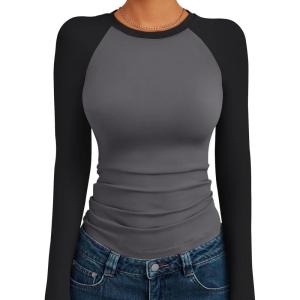 imageTrendy Queen Womens Long Sleeve Shirts Slim Fit Stretchy Color Block Slightly Cropped TopsGrey Black Combo