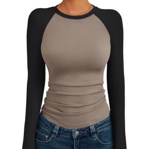 imageTrendy Queen Womens Long Sleeve Shirts Slim Fit Stretchy Color Block Slightly Cropped TopsMocha Black Combo