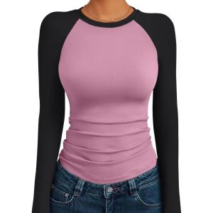 imageTrendy Queen Womens Long Sleeve Shirts Slim Fit Stretchy Color Block Slightly Cropped TopsRose Black Combo