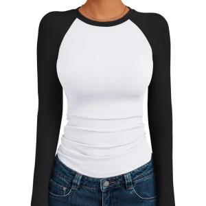 imageTrendy Queen Womens Long Sleeve Shirts Slim Fit Stretchy Color Block Slightly Cropped TopsWhite Black Combo