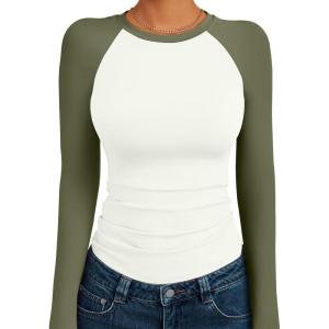 imageTrendy Queen Womens Long Sleeve Shirts Slim Fit Stretchy Color Block Slightly Cropped TopsWhite Green Combo