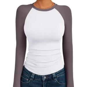 imageTrendy Queen Womens Long Sleeve Shirts Slim Fit Stretchy Color Block Slightly Cropped TopsWhite Mauve Combo