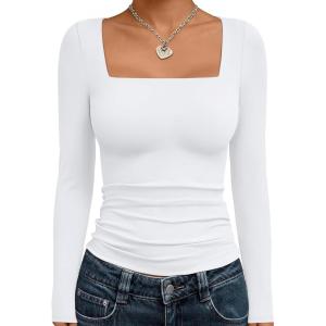 imageTrendy Queen Womens Long Sleeve Shirts Square Neck Going Out Crop Tops Fashion Y2k Workout Clothes Fall Outfits 2025White