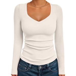 imageTrendy Queen Womens Long Sleeve Shirts V Neck Ribbed Knit Fall TopsBeige