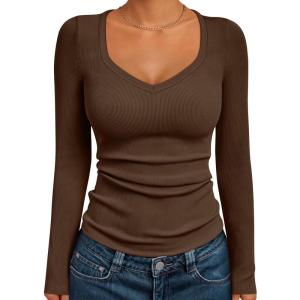 imageTrendy Queen Womens Long Sleeve Shirts V Neck Ribbed Knit Fall TopsBrown