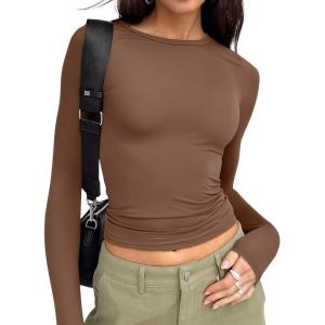 imageTrendy Queen Womens Long Sleeve T Shirts Fall Fashion 2025 Basic Crop Tops Going Out Outfits Y2k ClothesBrown
