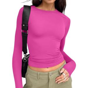 imageTrendy Queen Womens Long Sleeve T Shirts Fall Fashion 2025 Basic Crop Tops Going Out Outfits Y2k ClothesHot Pink