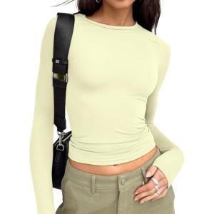 imageTrendy Queen Womens Long Sleeve T Shirts Fall Fashion 2025 Basic Crop Tops Going Out Outfits Y2k ClothesLemon Yellow