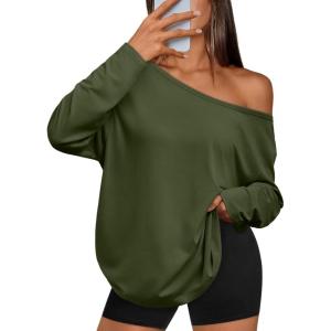 imageTrendy Queen Womens Off The Shoulder Tops Oversized Tshirts Long Sleeve 2025 Casual Basic TeesArmygreen