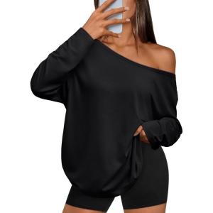 imageTrendy Queen Womens Off The Shoulder Tops Oversized Tshirts Long Sleeve 2025 Casual Basic TeesBlack