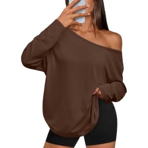 imageTrendy Queen Womens Off The Shoulder Tops Oversized Tshirts Long Sleeve 2025 Casual Basic TeesCoffee