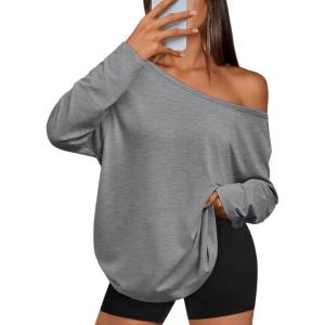 imageTrendy Queen Womens Off The Shoulder Tops Oversized Tshirts Long Sleeve 2025 Casual Basic TeesGrey