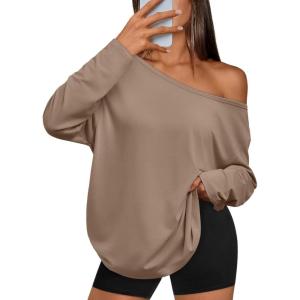 imageTrendy Queen Womens Off The Shoulder Tops Oversized Tshirts Long Sleeve 2025 Casual Basic TeesKhaki